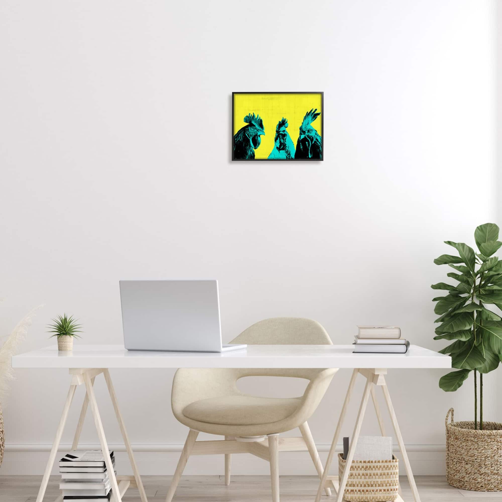Stupell Industries Bold Pop Farm Roosters Yellow Blue Abstract Birds Framed Wall Art